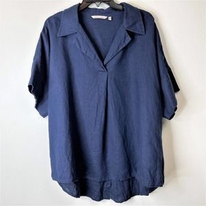 Soft Surroundings Hi-Point Shirt Plus Size 2X Navy Linen Top Womens V-neck Tunic
